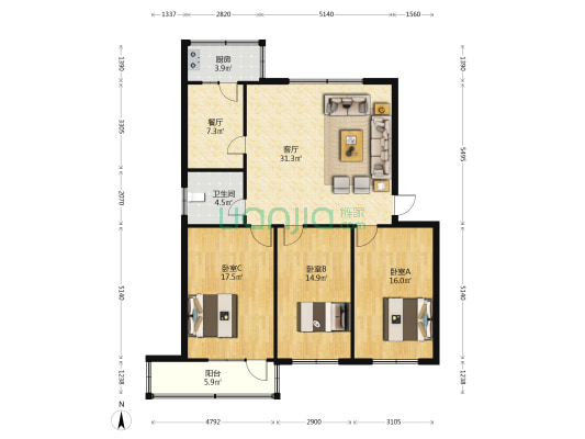 兵工厂宿舍 3室2厅1卫 119平方