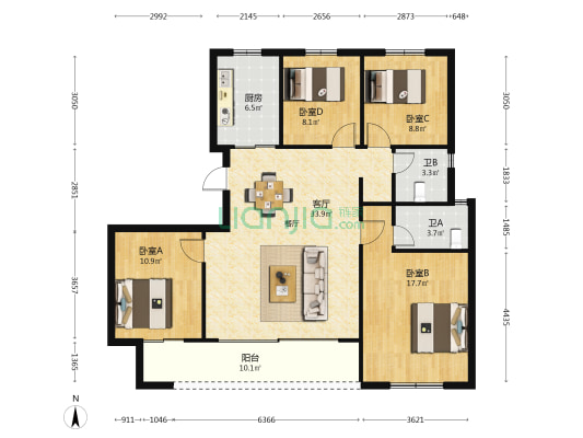 融信海纳新潮B区 4室1厅2卫 127平方