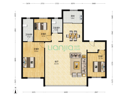 中国铁建·花语汀澜 3室1厅2卫 143平方