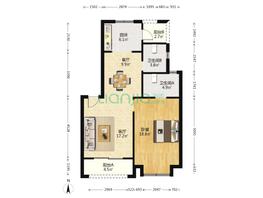 星湖郡 1室2厅2卫 89平方