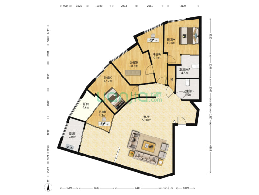 鑫富大厦 5室1厅2卫 153平方