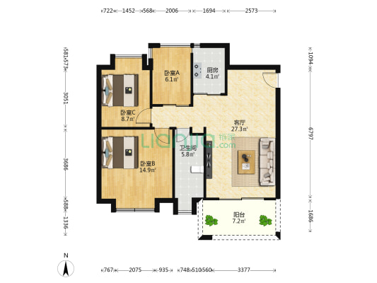 欣荣宏国际商贸城 3室1厅1卫 91平方