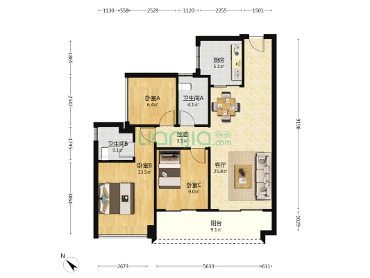 建发明珠湾玺 3室1厅2卫 99平方