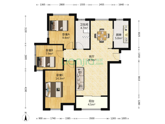 海亮九玺 3室1厅1卫 92平方