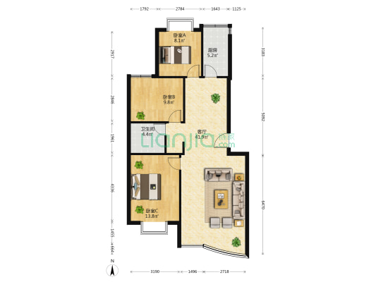 圆通苑 3室1厅1卫 91平方