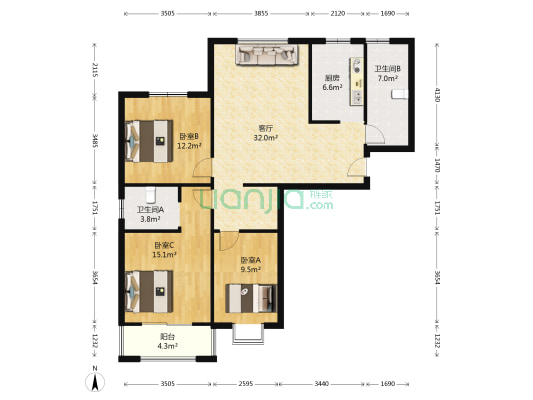 象山花园二区 3室1厅2卫 121平方