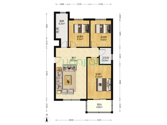 天滋嘉鲤北区 3室1厅1卫 108平方