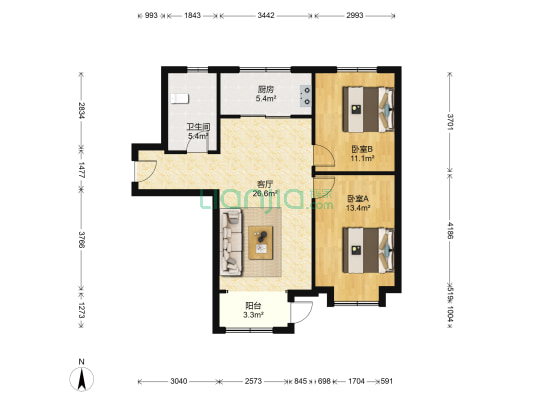 御园5号 2室1厅1卫 91平方