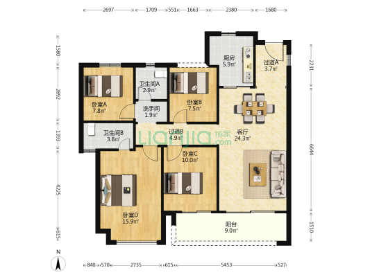 旭辉铂宸府 4室1厅3卫 119平方
