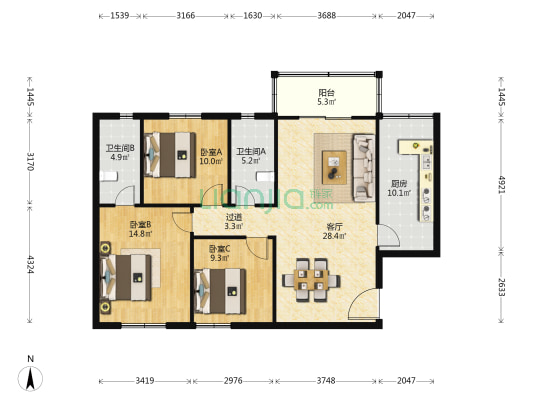 物产小区 3室1厅2卫 113平方
