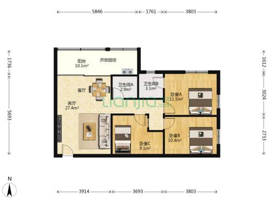 番禺桥东大厦 3室1厅2卫 90平方