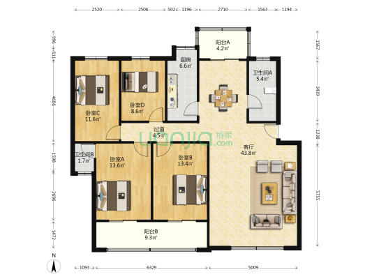 洞井商贸城 4室1厅2卫 145平方