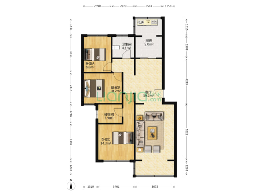 圣泰花园 3室1厅1卫 113平方