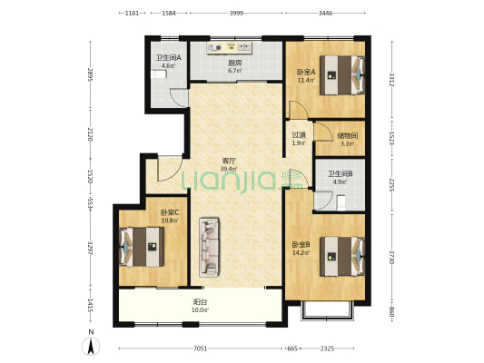 天鸿首府北区 3室1厅2卫 131平方