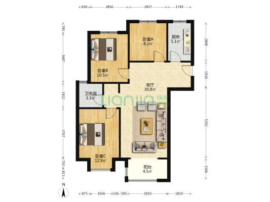龙湖锦艺城高四组团 3室1厅1卫 103平方