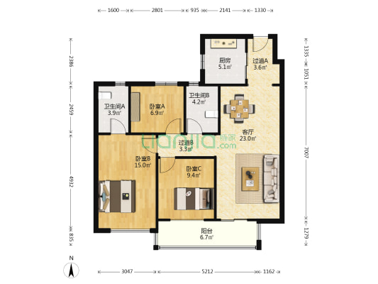 远洋东方境世界观1号地 3室1厅2卫 115平方