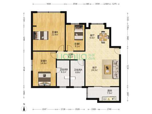 华宝大厦 3室2厅2卫 136平方