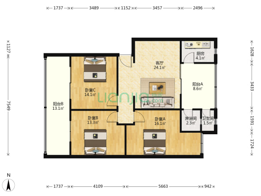 民政局家属区 3室1厅2卫 109平方