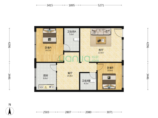 江华路353号 2室2厅2卫 107平方