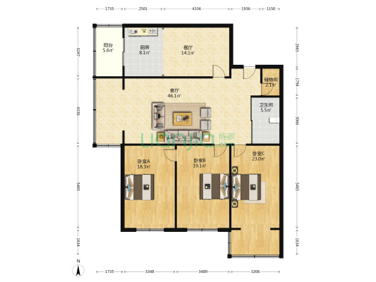 永吉花园 3室2厅1卫 165平方