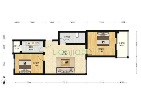 福胜家园 2室1厅1卫 87平方