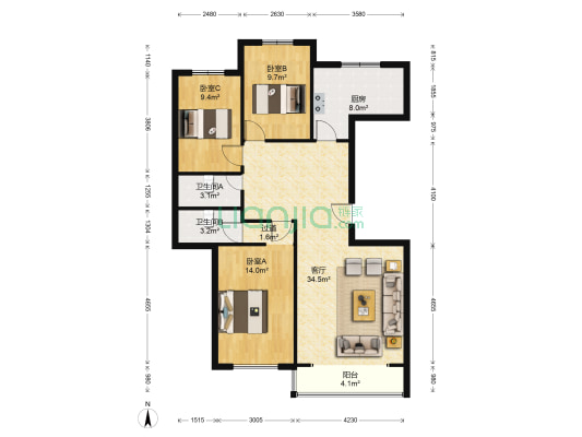 金港花园 3室1厅2卫 120平方