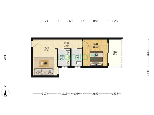怀清庭院 1室1厅1卫 54平方