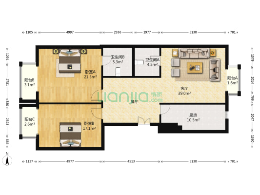 华荣公寓 2室1厅2卫 155平方