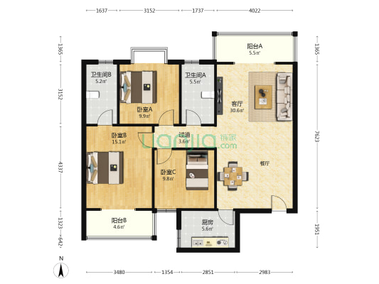 凤鸣华府一期 3室1厅2卫 122平方