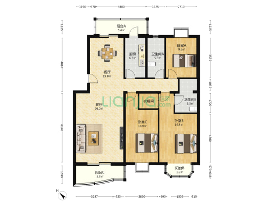 风和日丽 3室2厅2卫 139平方