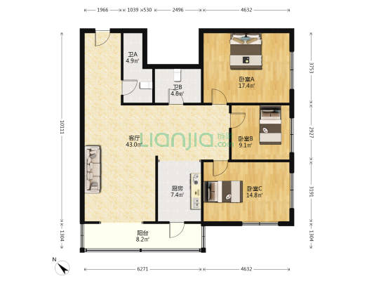 馥瑞大厦 3室1厅2卫 125平方