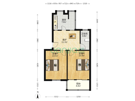 姚港路8号 2室1厅1卫 64平方