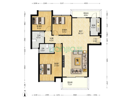 鸿晟豪庭 3室1厅2卫 118平方