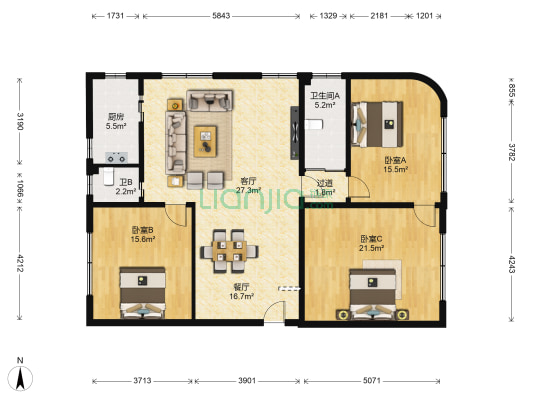 鸿湖居民区 3室2厅2卫 165平方