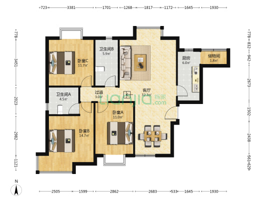 长富吉第 3室1厅2卫 115平方