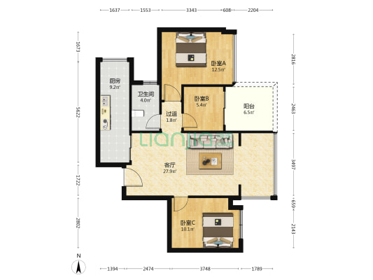 金地旭辉·上观 3室1厅1卫 85平方