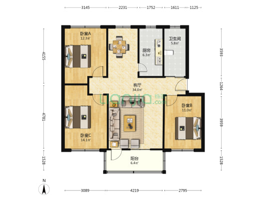 市政公司家属院 3室1厅1卫 104平方