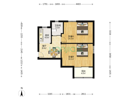 广灵四路280弄 2室1厅1卫 61平方