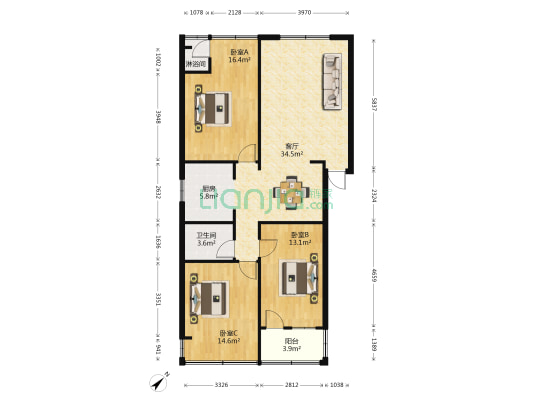 府城电镀厂宿舍 3室1厅2卫 117平方
