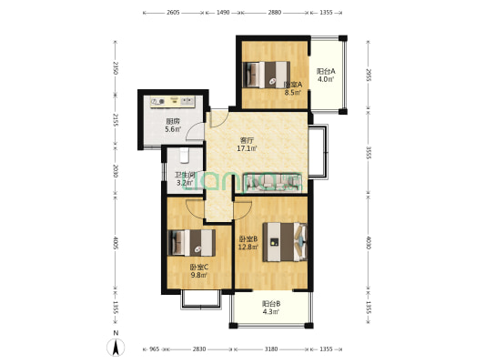 翔天万和城南北通透，小区安静适宜居住！-户型图