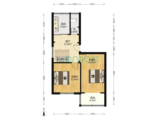 白马寺街6号 2室1厅1卫 56平方