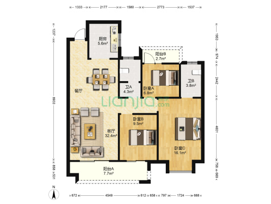 中梁佳兆业壹号院 3室1厅2卫 120平方