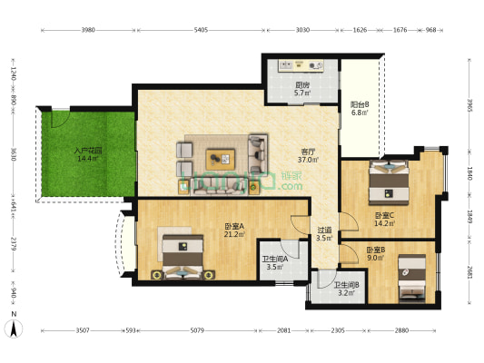 世纪滨江 3室1厅2卫 141平方
