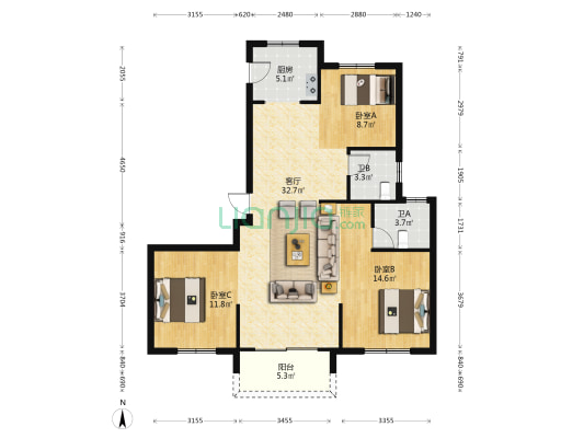 芦园北区 3室1厅2卫 123平方