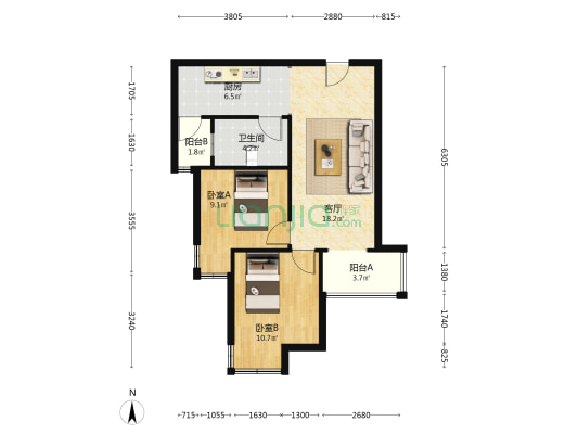 出售天伦湾朝阳，落地窗，二居室。-户型图