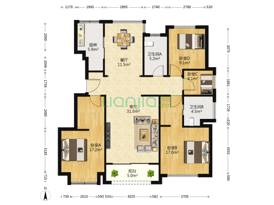 绿城上海御园 4室2厅2卫 141平方