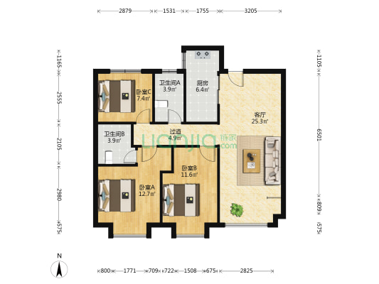 山钢铭著 3室1厅2卫 110平方