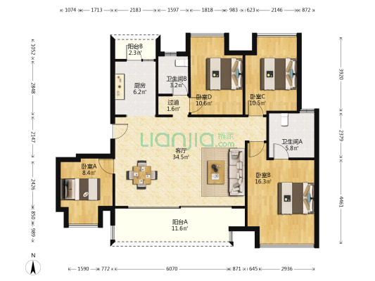 远洋山水赋二期 4室1厅2卫 126平方