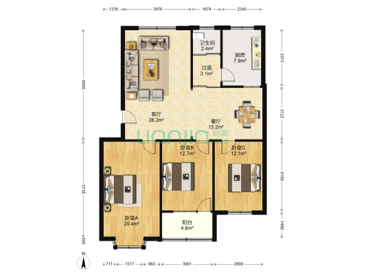 教工宿舍 3室2厅1卫 127平方