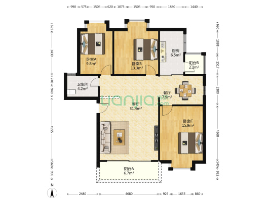新青花园 3室2厅1卫 122平方